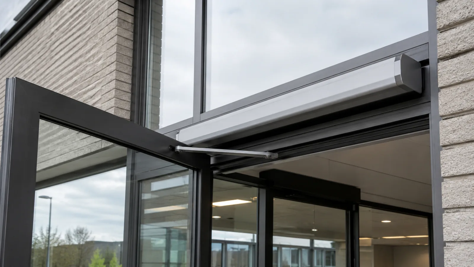 Draaideuraandrijving gemonteerd boven de glazen entreedeur van een bedrijfspand