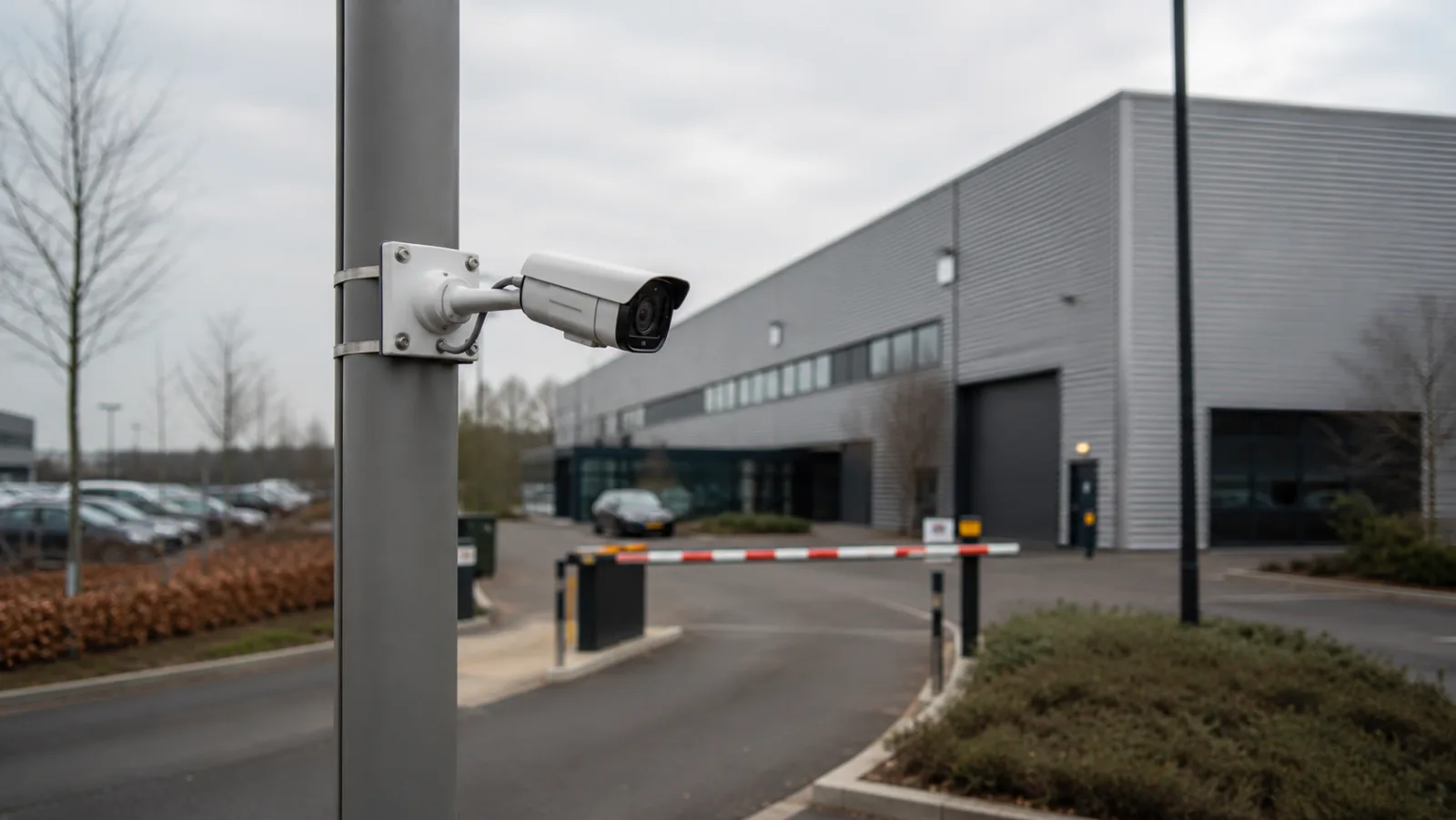 Kentekencamera op een paal bij de inrit van een bedrijventerrein, gericht op de rijbaan naast de slagboom