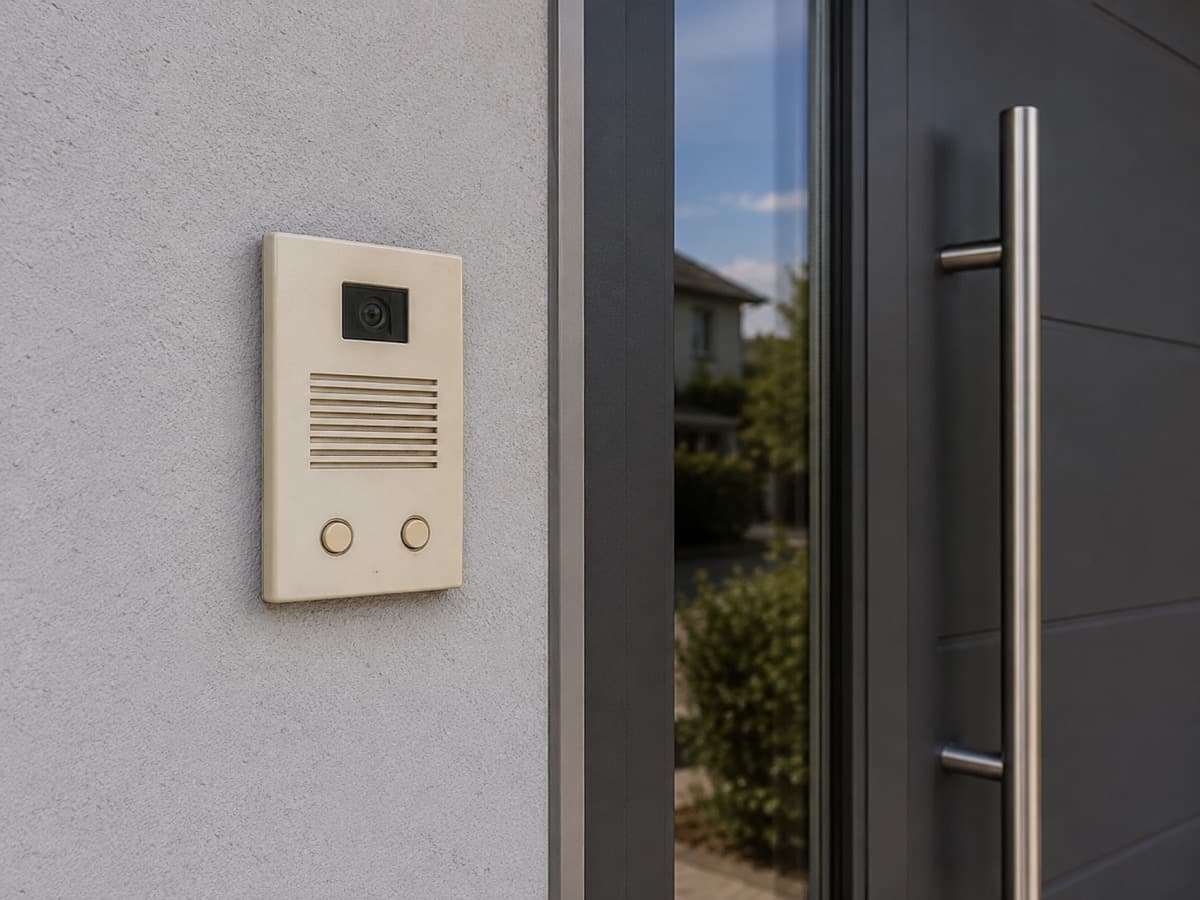 Verouderd intercom-paneel naast een moderne voordeur, toe aan vervanging door een modern systeem
