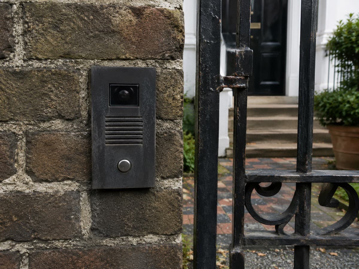 Verouderd intercom-paneel bij een hek, toe aan vervanging door een modern systeem