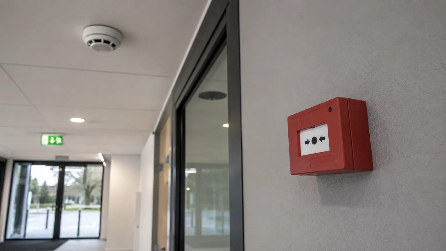 Rookmelder, handmelder en sprinkler in een Nederlands bedrijfspand