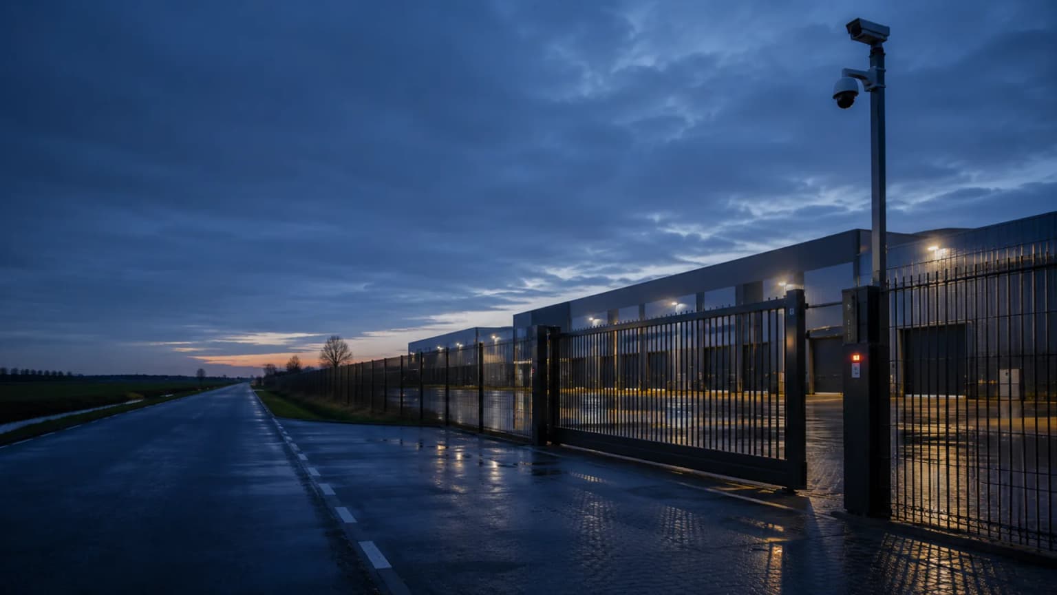 Hek en cameramast langs de terreingrens van een Nederlands bedrijventerrein in de schemering