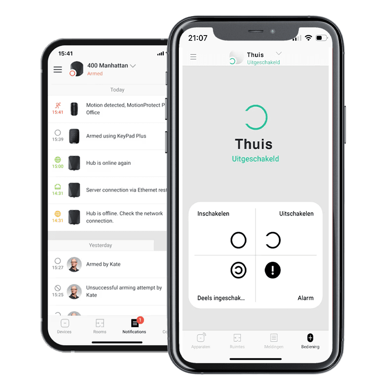 Ajax alarm-app op smartphone met Nederlandse interface, inschakelen en meldingen