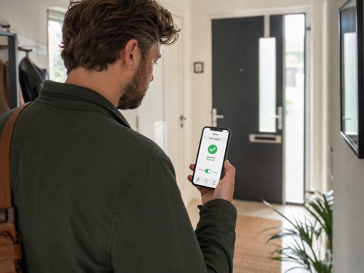 Persoon controleert de status van een alarmsysteem op smartphone