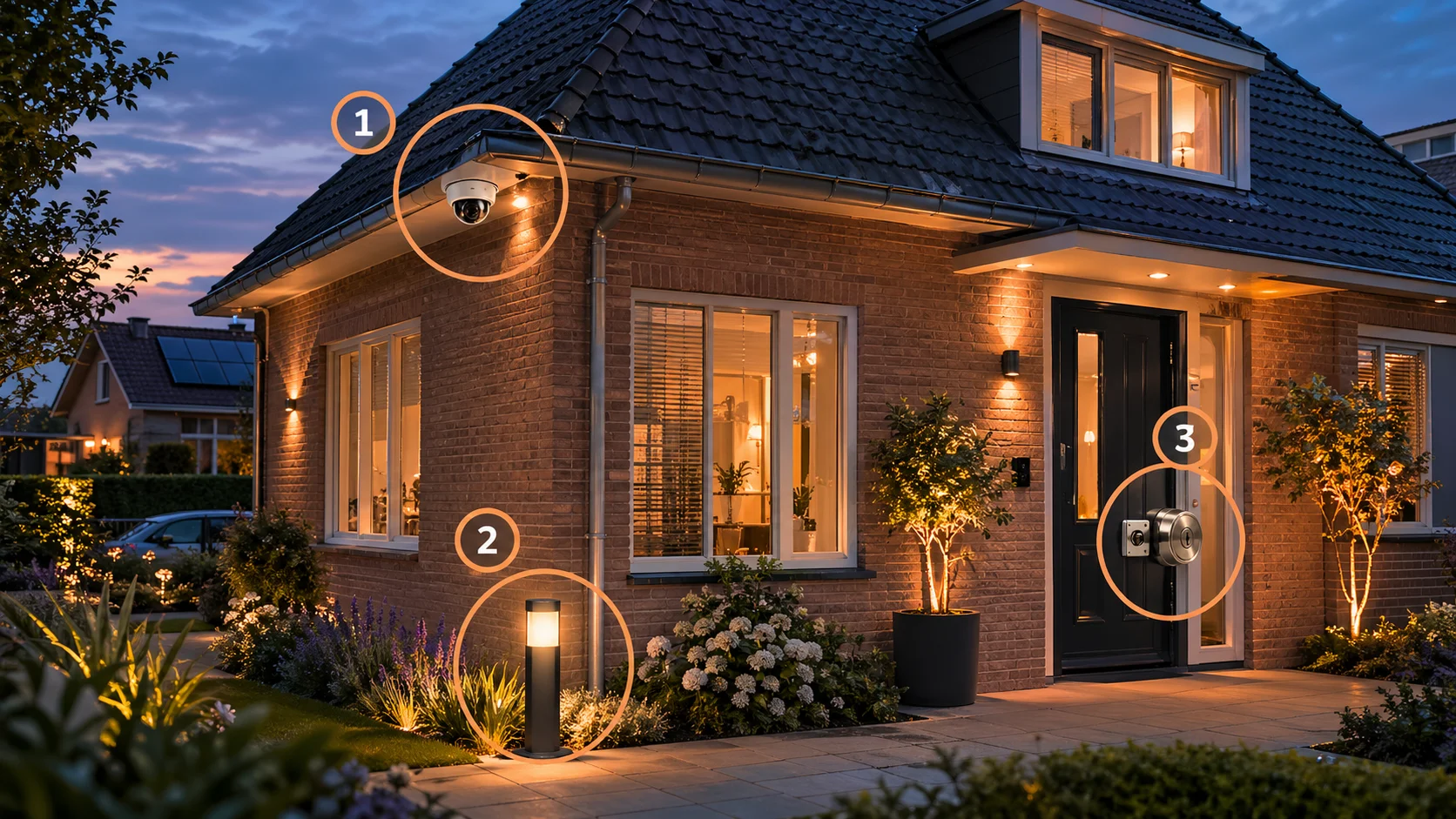 Nederlandse woning bij dusk met genummerde 1 camera onder dakgoot, 2 sensorlamp tuin en 3 stevige voordeurslot