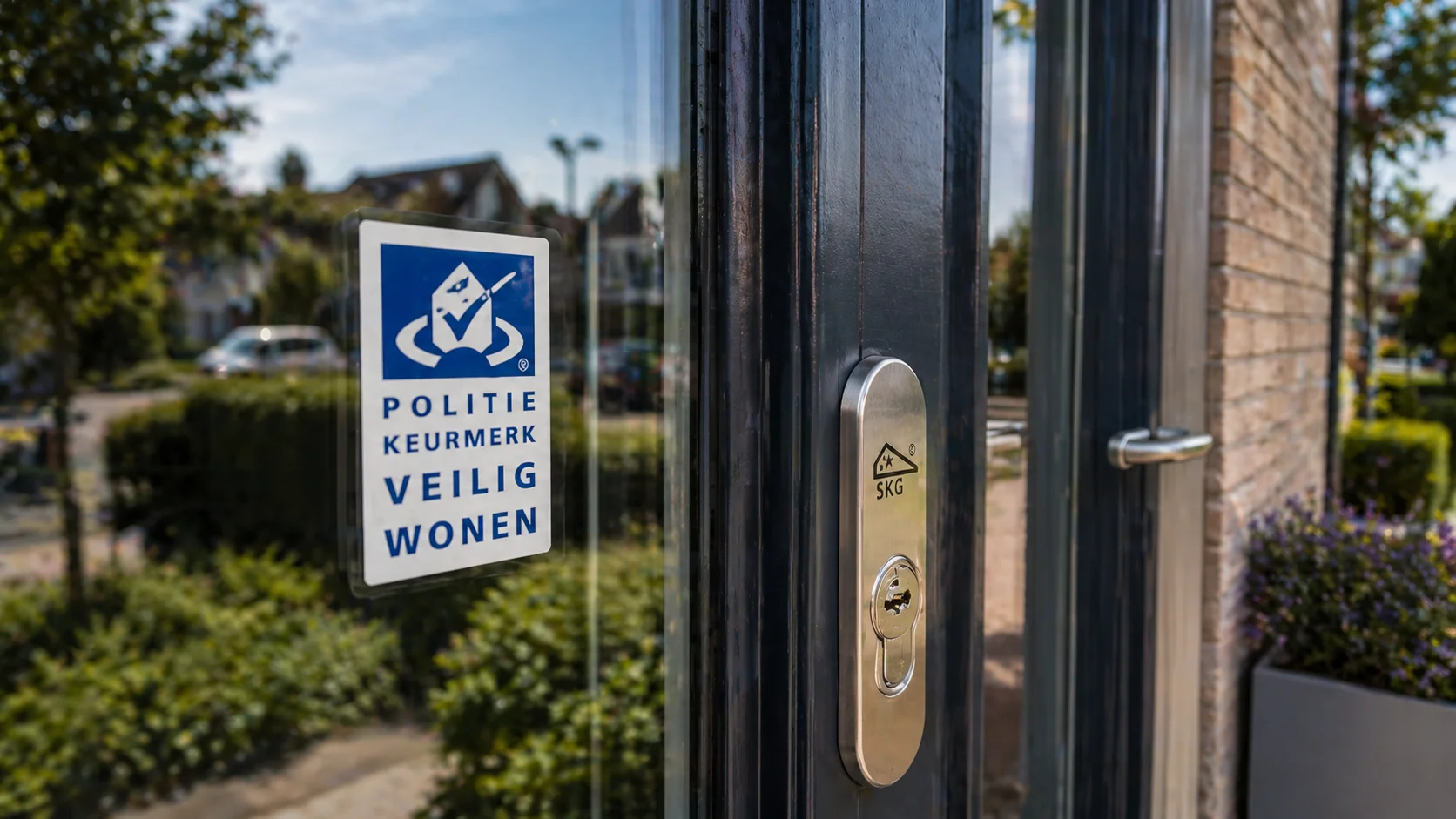 Politiekeurmerk Veilig Wonen sticker op een glasdeur naast een SKG-gecertificeerd cilinderslot