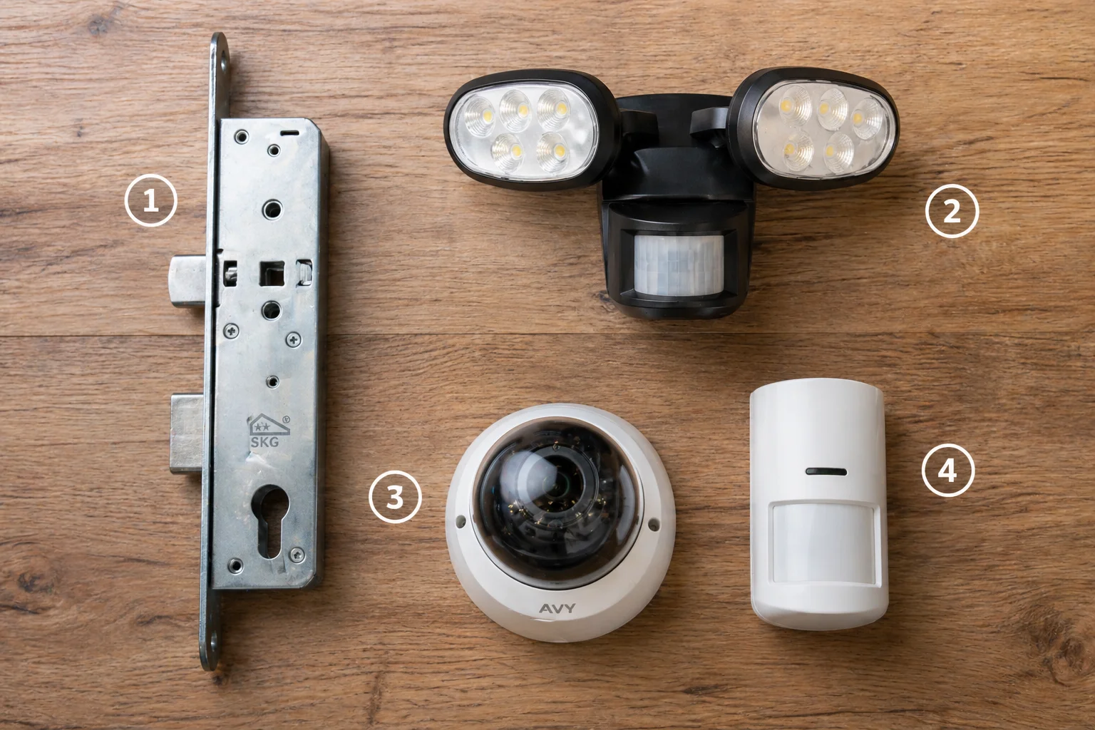 Top-down flatlay van vier beveiligingsitems: een meerpunts-slot, een sensor-LED-lamp, een kleine dome-camera en een alarmsensor met nummerlabels 1 tot 4