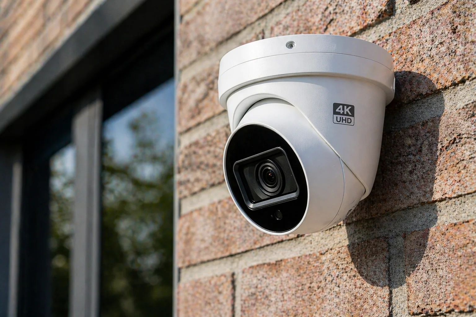 4K UHD turret-beveiligingscamera gemonteerd op een moderne Nederlandse bakstenen gevel