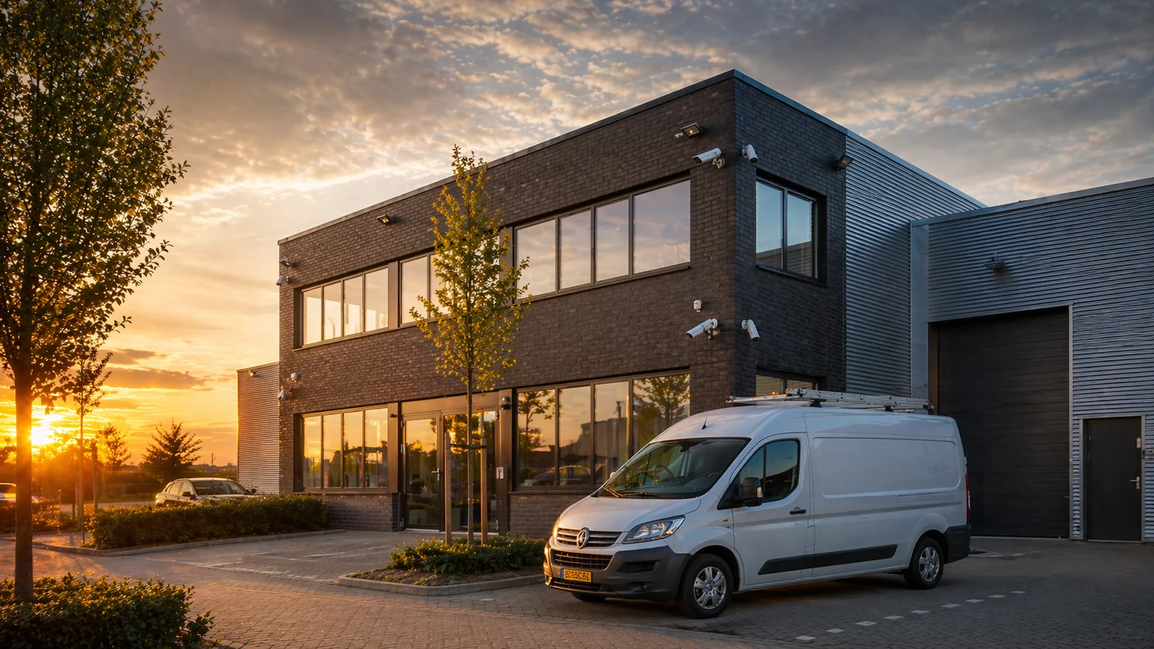 Nederlandse bedrijfspand wide-angle met cameras op strategische hoeken en een Securetech-bus geparkeerd ervoor