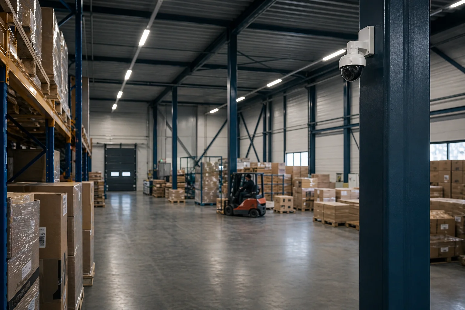 Magazijn-interior met dome-camera op een structurele kolom en een forklift op de achtergrond