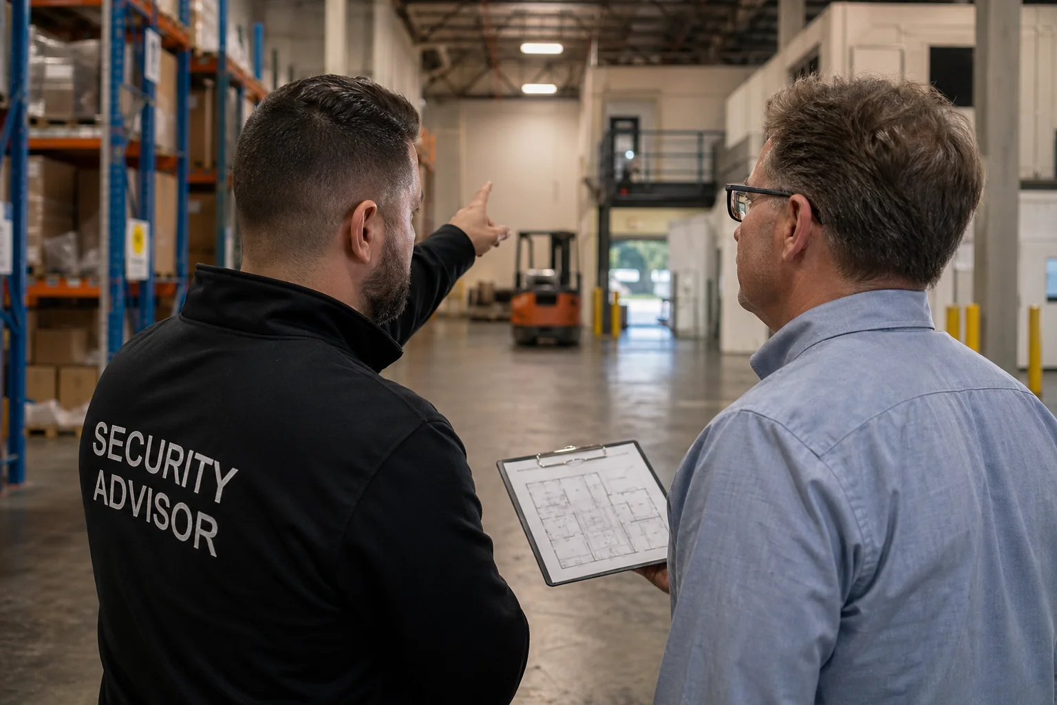 Securetech-adviseur loopt door een magazijn met de eigenaar, clipboard met plattegrond in de hand, om camerapunten te bespreken