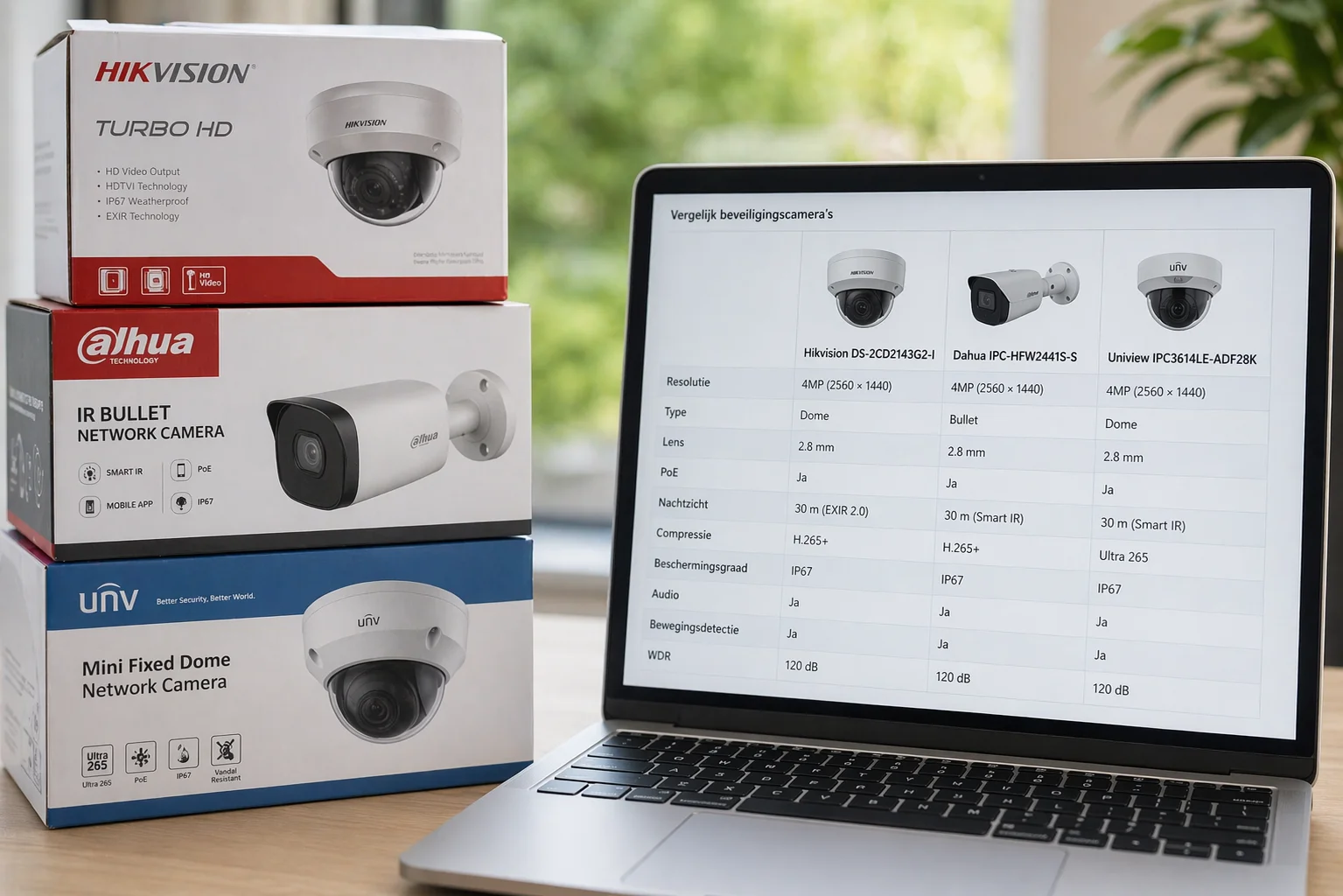 Drie productdozen van beveiligingscamera's naast een laptop met online vergelijkingsoverzicht van specificaties