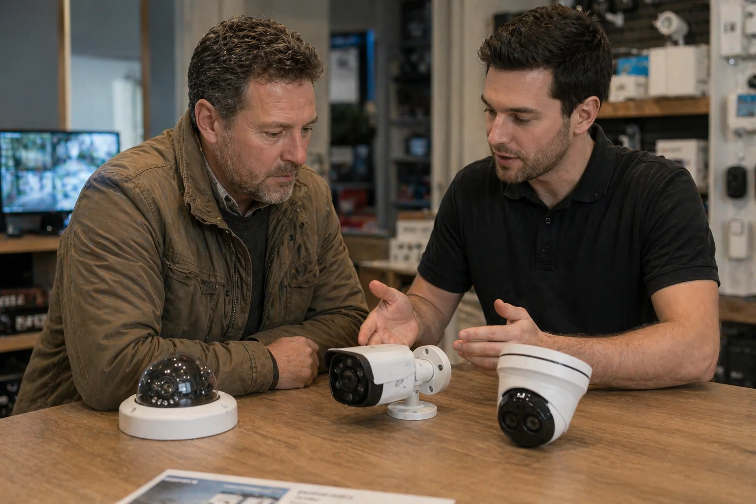 Securetech-adviseur legt drie camera-varianten uit op een showroomtafel aan een klant