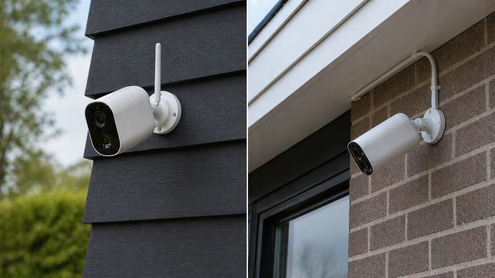 Split-vergelijking tussen een draadloze WiFi-camera en een bekabelde bullet-camera met cat6-kabel langs de gevel