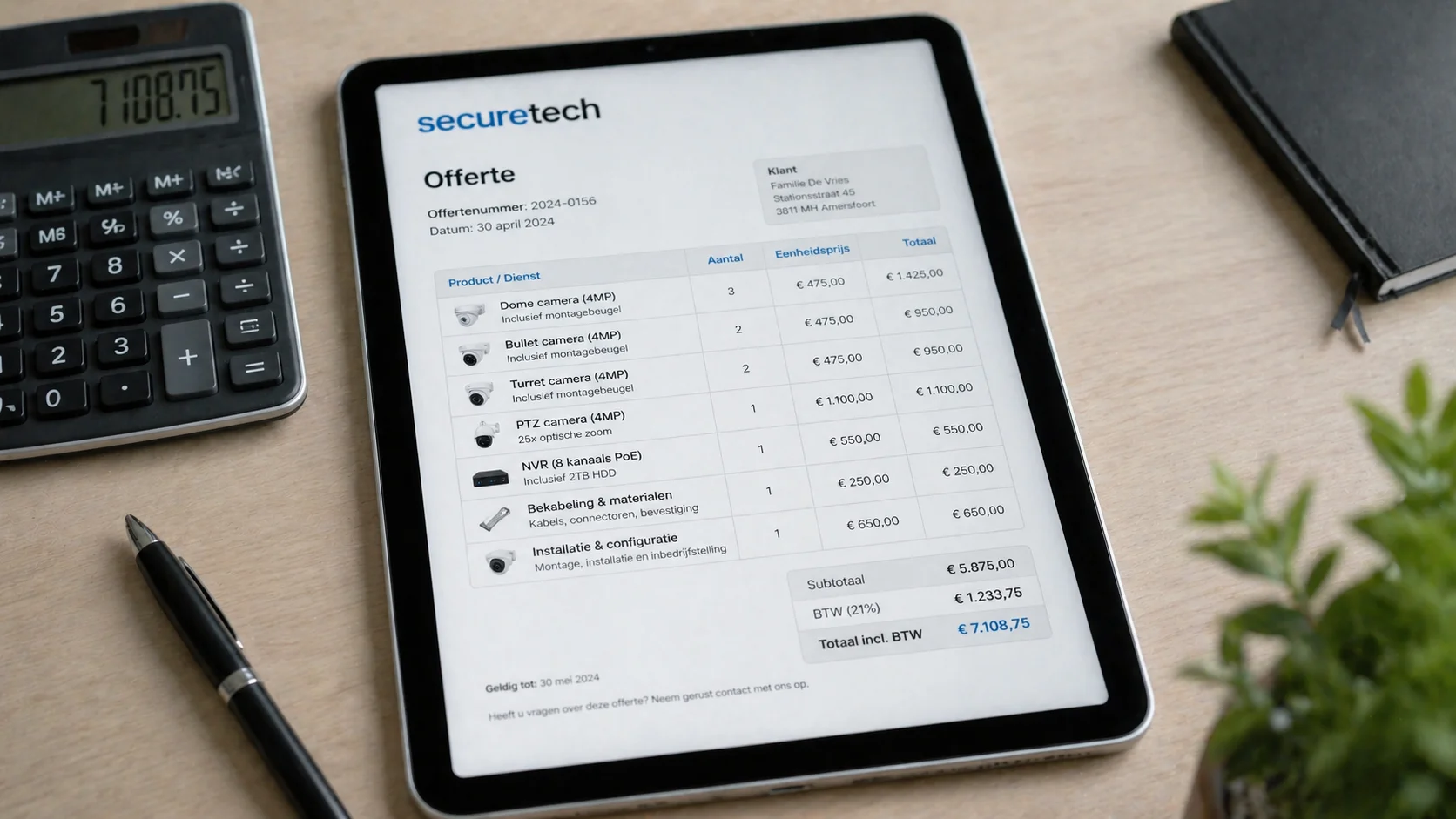 Tablet op een bureau met een Securetech-offerte met line items voor cameras, NVR, bekabeling en installatie, calculator en pen ernaast