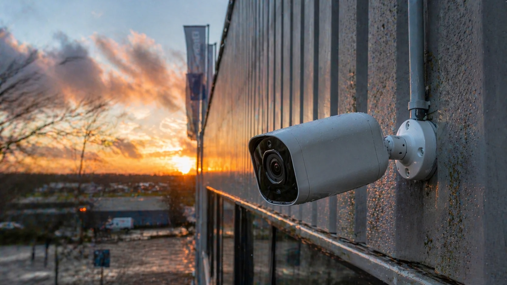 IP67-gecertificeerde bullet-camera op een Nederlandse bedrijfsgevel bij zonsondergang