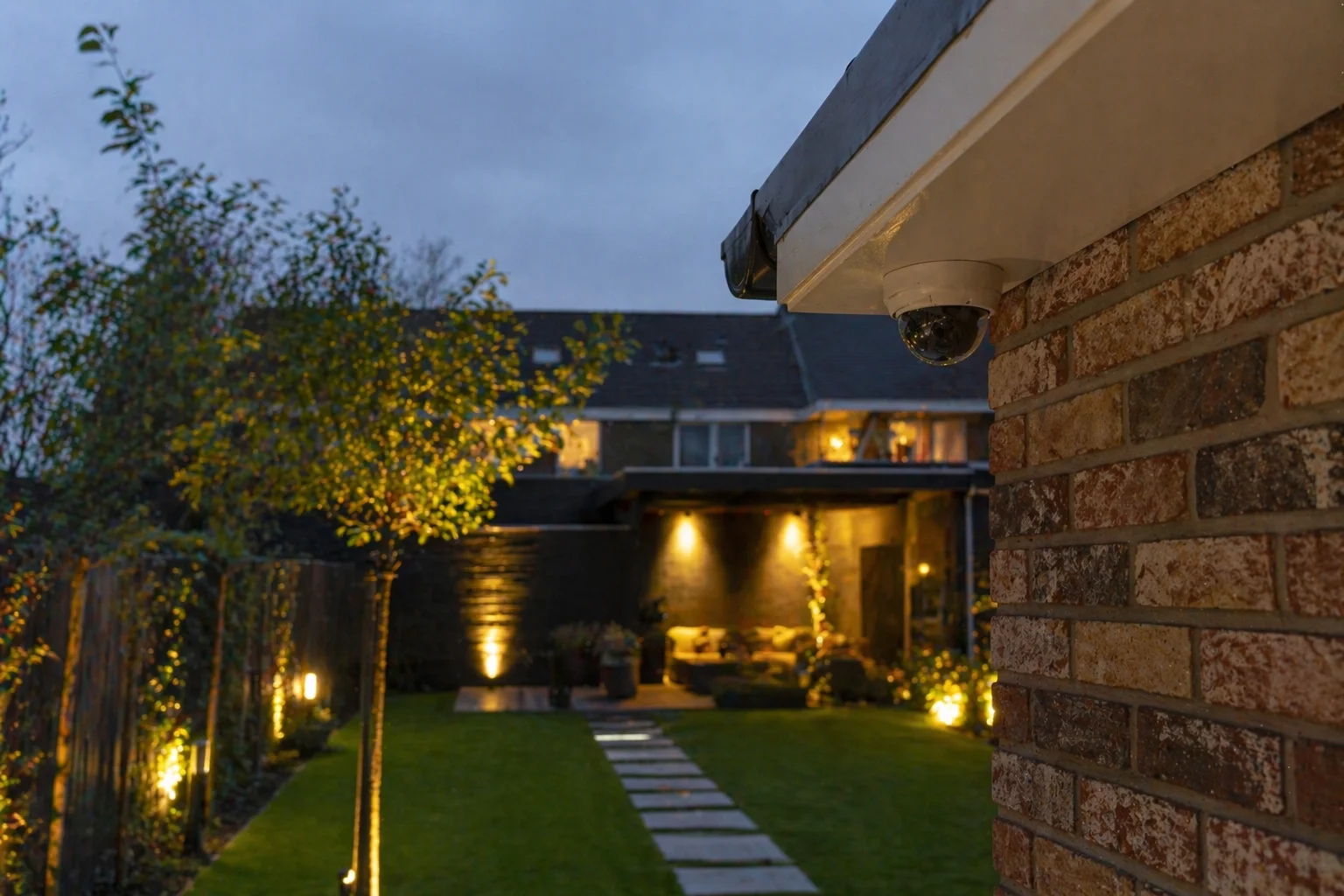 Dome-camera onder de dakgoot in een Nederlandse achtertuin met tuinverlichting bij schemering