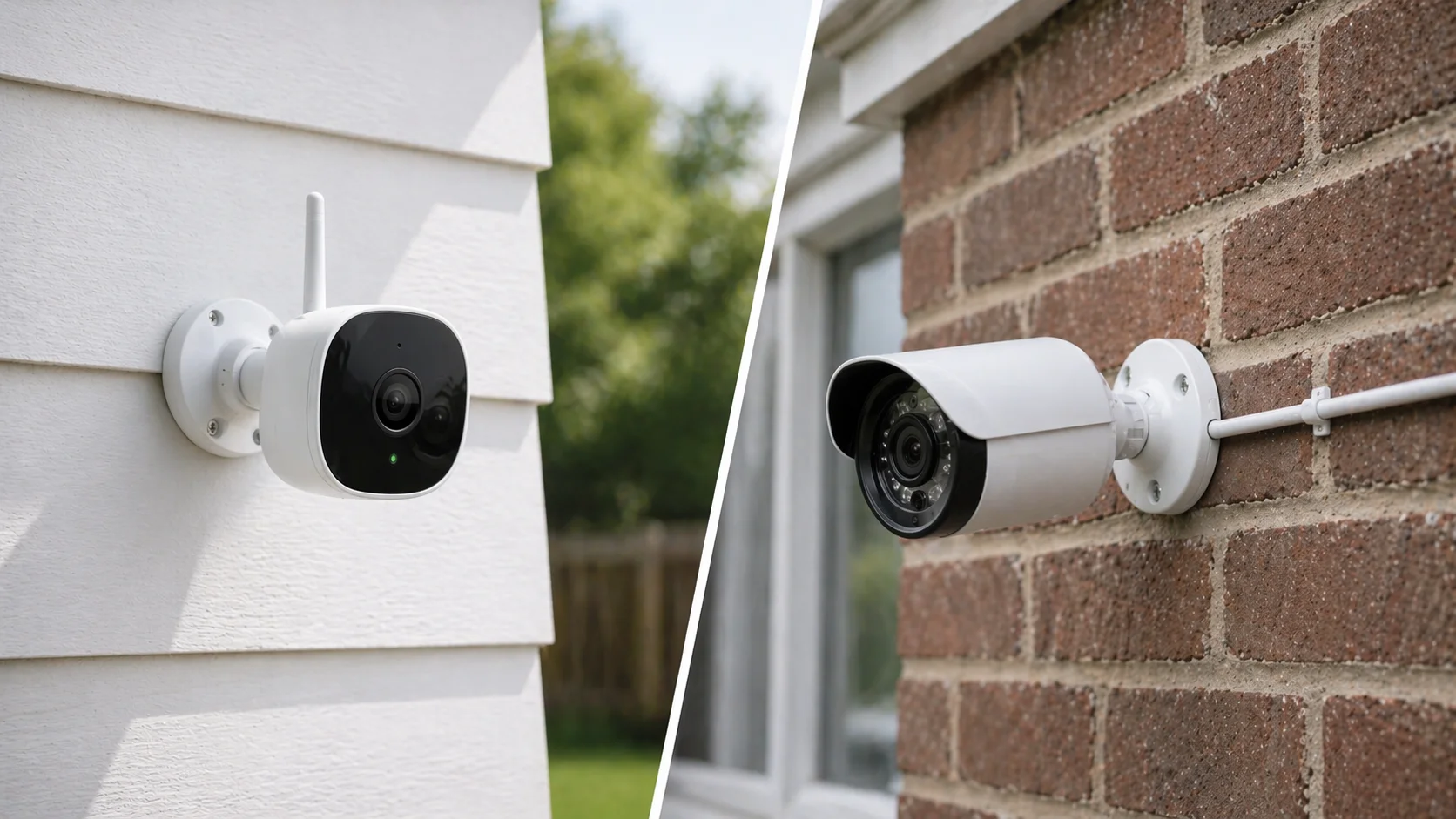 Draadloze WiFi-beveiligingscamera naast een bekabelde PoE bullet-camera met netjes weggewerkte ethernetkabel