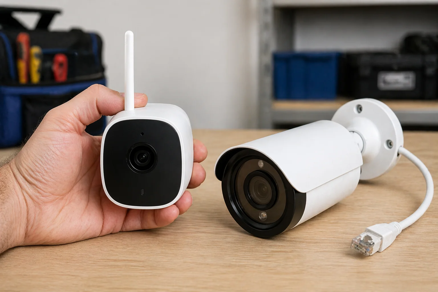 Hand houdt een kleine draadloze camera naast een grotere PoE bullet-camera met aangesloten RJ45-kabel