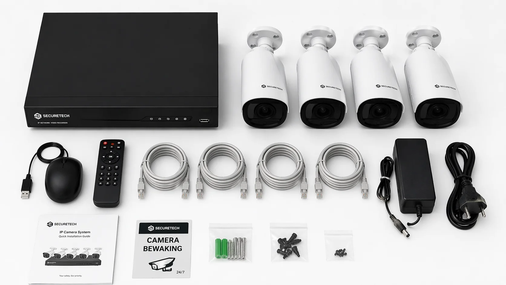 Complete IP-cameraset met NVR, vier bullet-camera's, ethernetkabels en voeding netjes uitgestald op een witte ondergrond