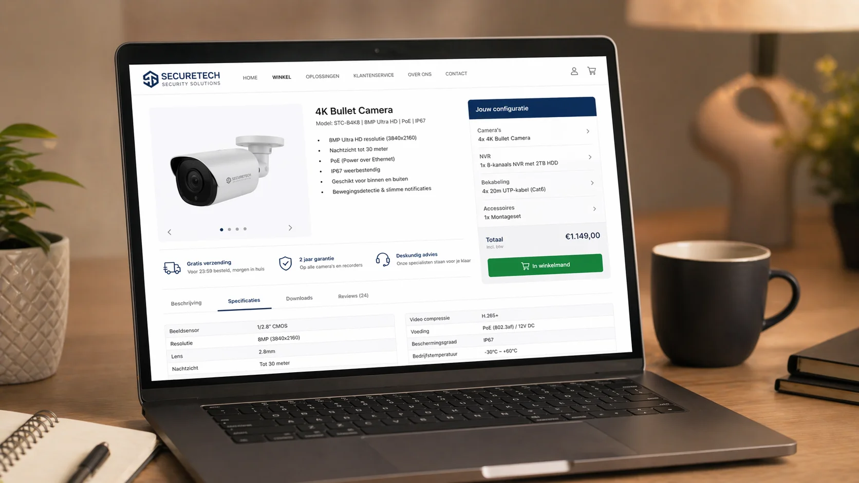 Klant pakt een camerasysteem uit aan een keukentafel met een laptop op de achtergrond