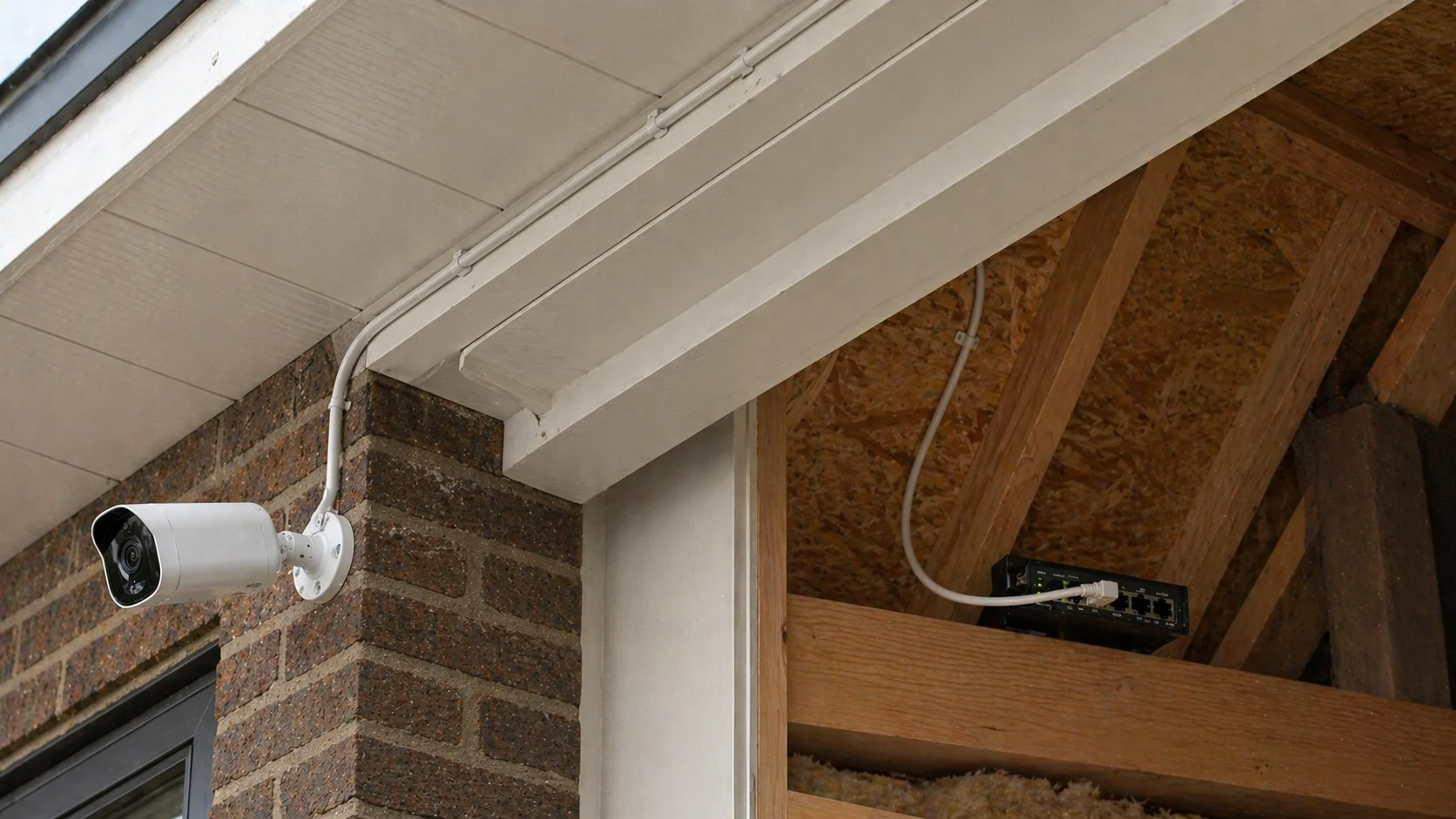 PoE-beveiligingscamera met strak langs de soffit gelegde cat6-kabel die via de zolderdoorvoer naar binnen loopt