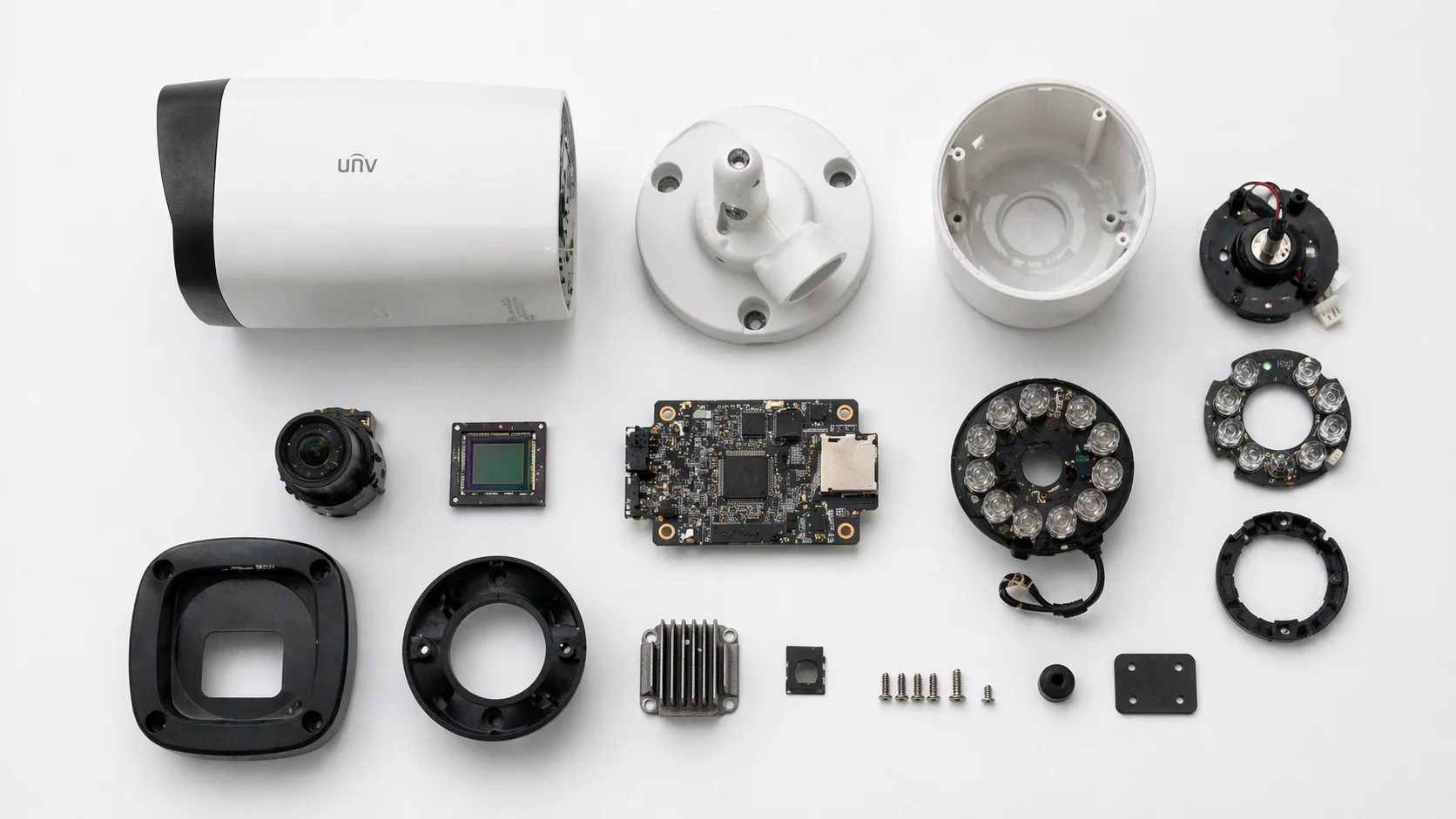 Uit elkaar genomen IP-beveiligingscamera met zichtbare lens, CMOS-sensor, infrarood-LEDs en processorprint