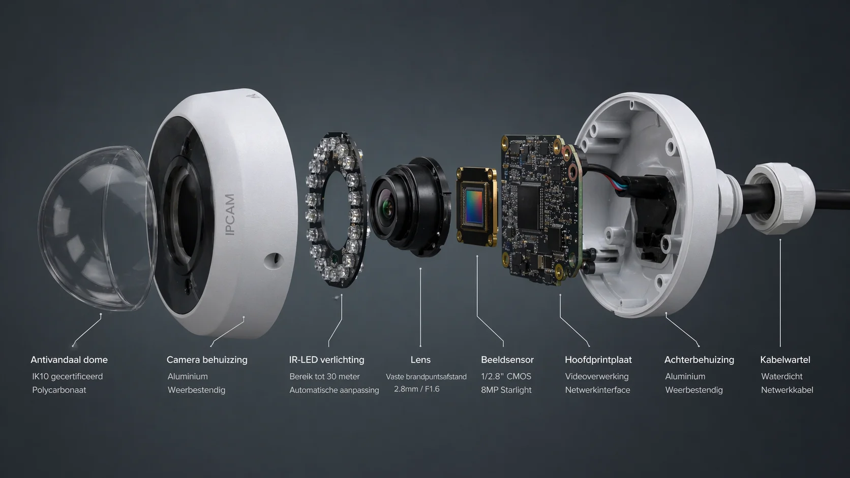 Exploded-view weergave van de losse componenten van een IP dome-beveiligingscamera met labels