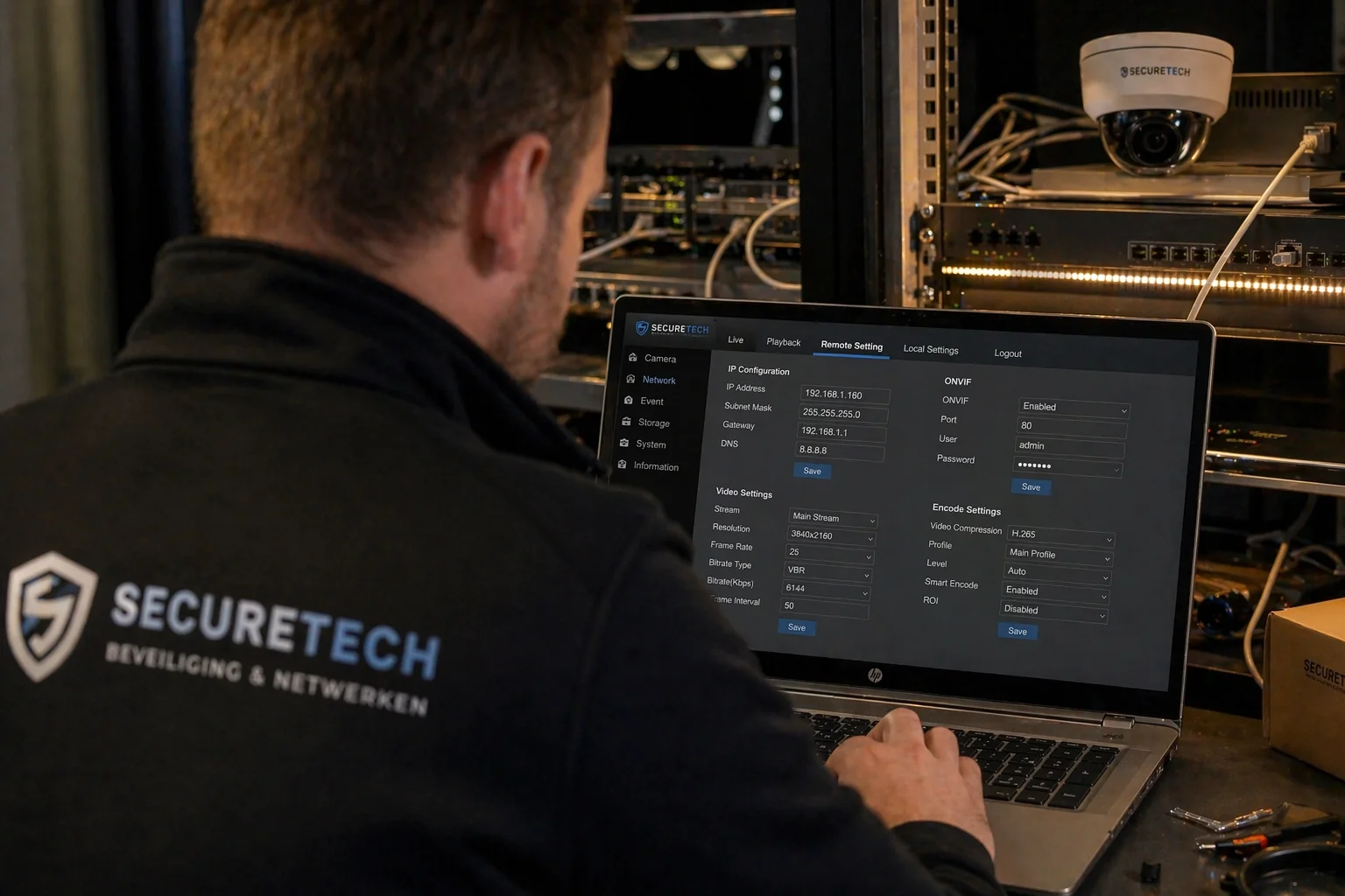 Securetech-monteur configureert een camera via laptop met IP-settings, ONVIF en H.265 codec-opties op het scherm