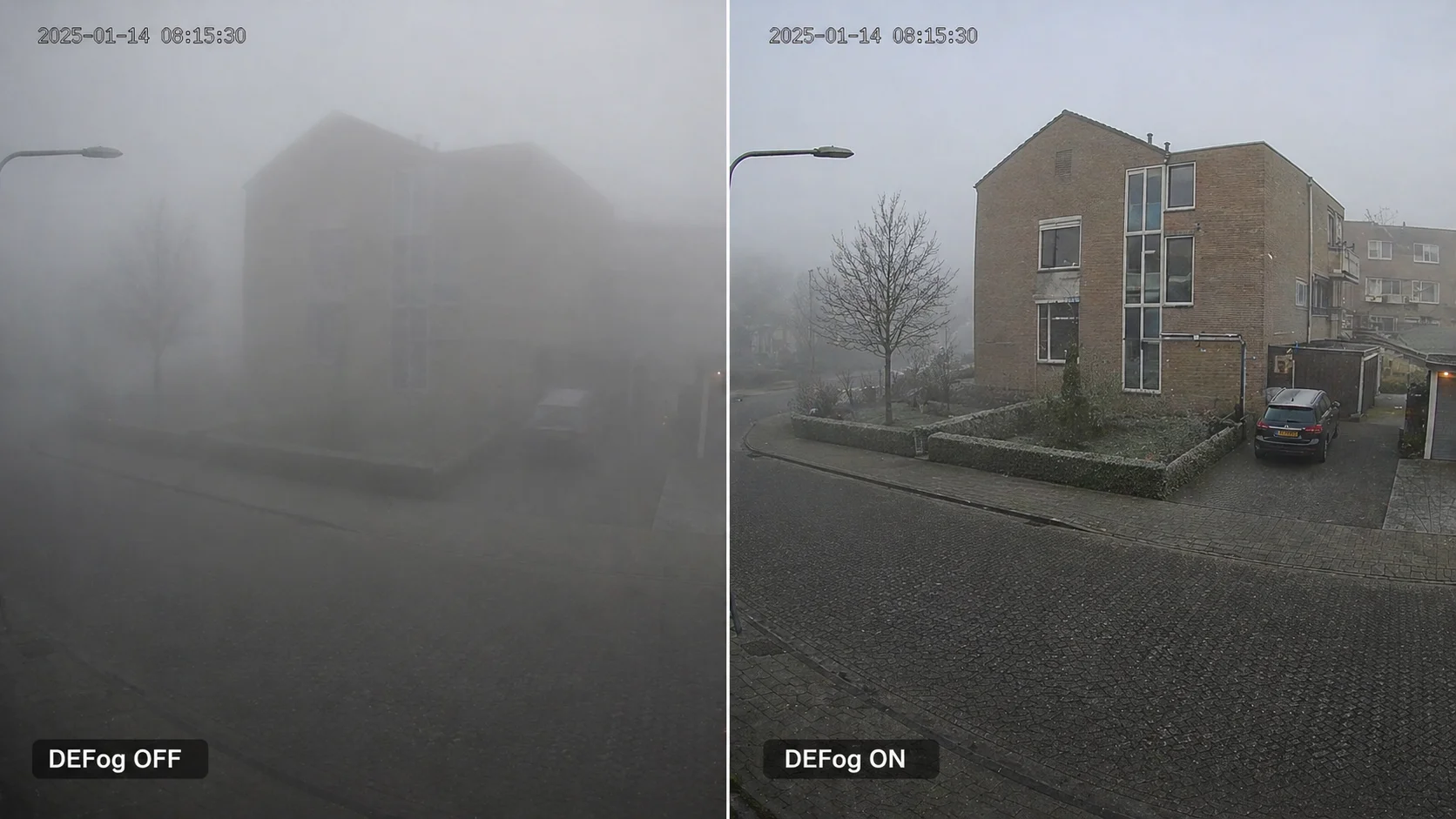 Split-screen vergelijking van een mistige scene: links zonder defog (slechte zichtbaarheid), rechts met defog ON (heldere details zichtbaar)