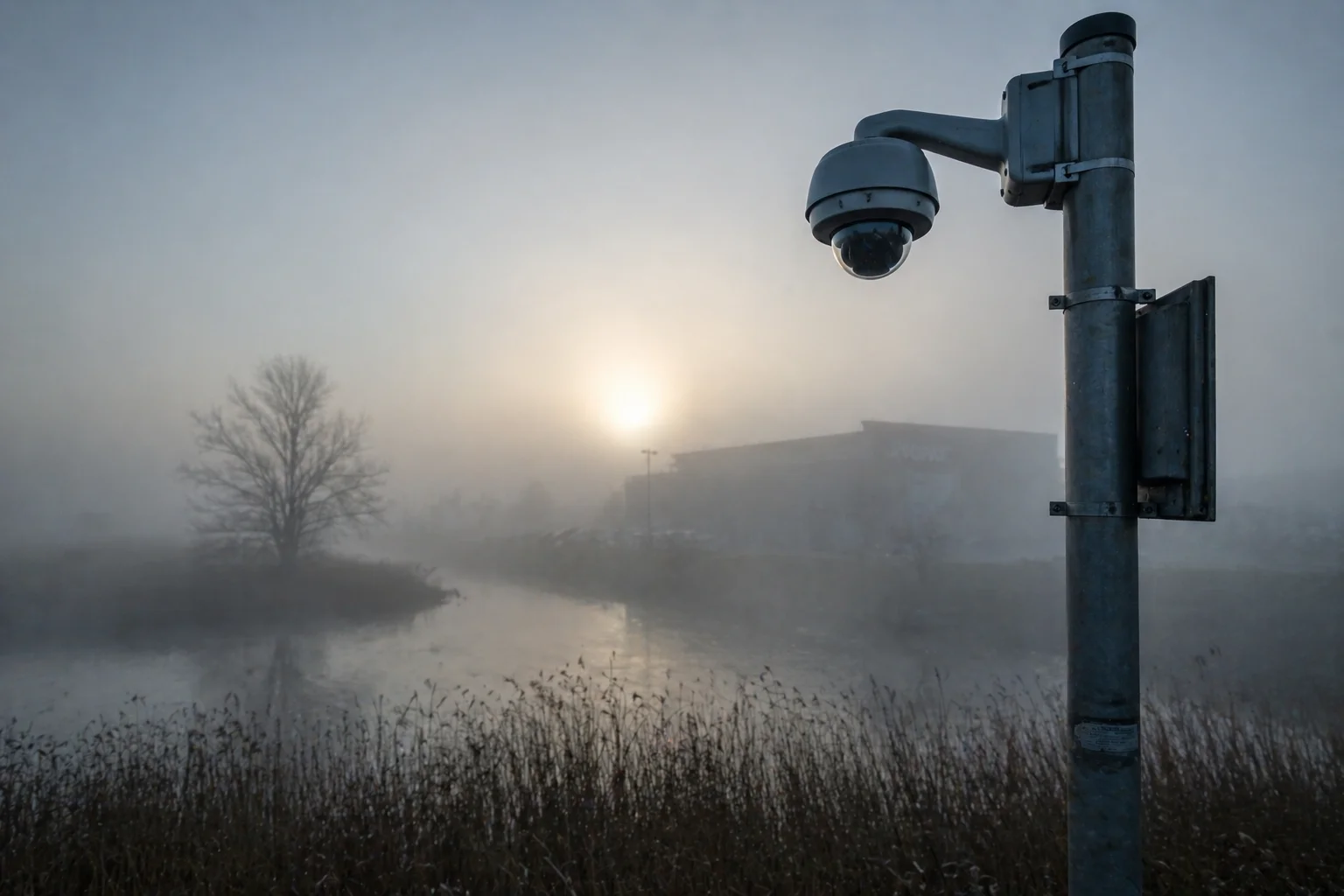 Beveiligingscamera op een paal in zware ochtend-mist boven een Nederlands industrieterrein