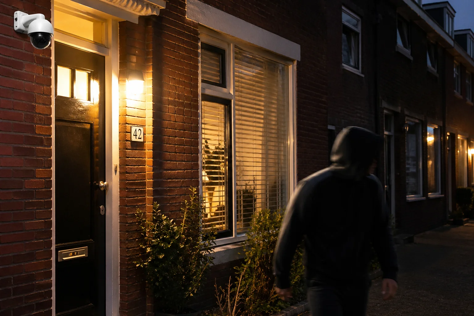 Hooded figuur draait zijn gezicht weg van een zichtbare dome-camera bij een Nederlandse voordeur in dusk-licht