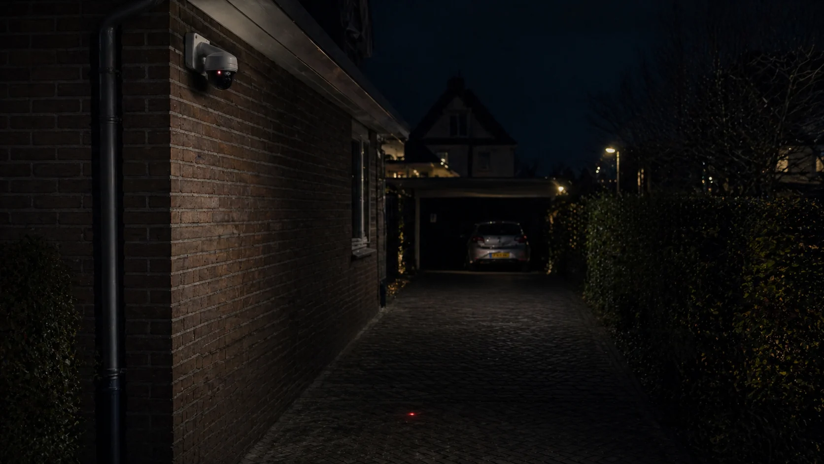 Beveiligingscamera projecteert een kleine rode rec-light op een donkere oprit bij avond
