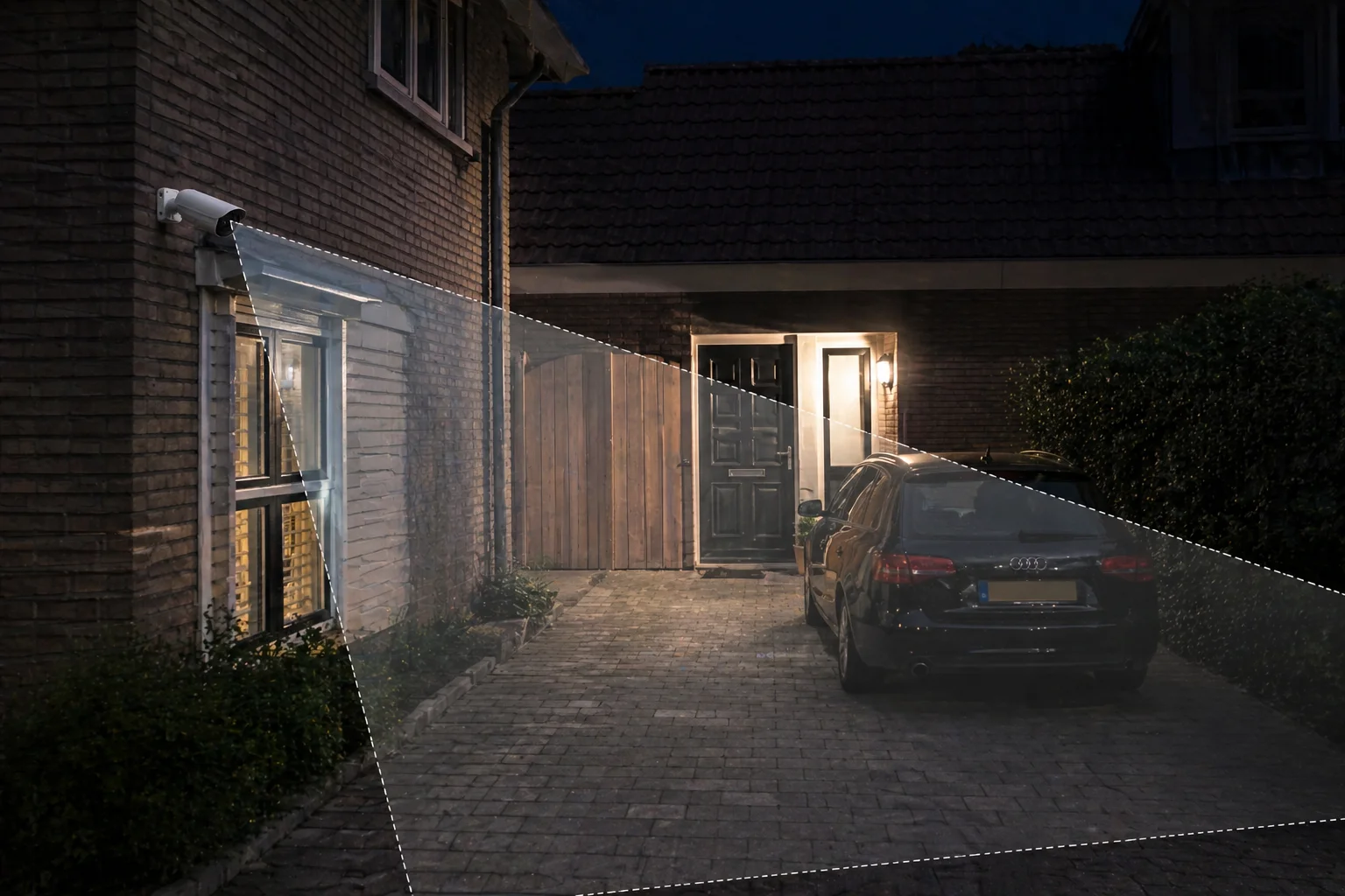 Bullet-camera met visualisatie van het field-of-view cone over een Nederlandse oprit en gevel