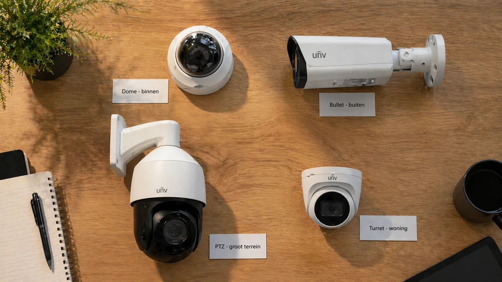 Flatlay van vier camera-types naast elkaar: dome, bullet, turret en PTZ, elk met een label