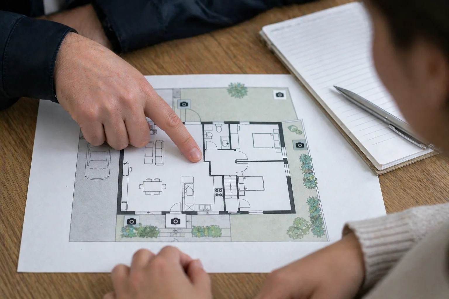 Plattegrond van een woning met camera-iconen op strategische punten zoals voordeur, hoeken en tuin