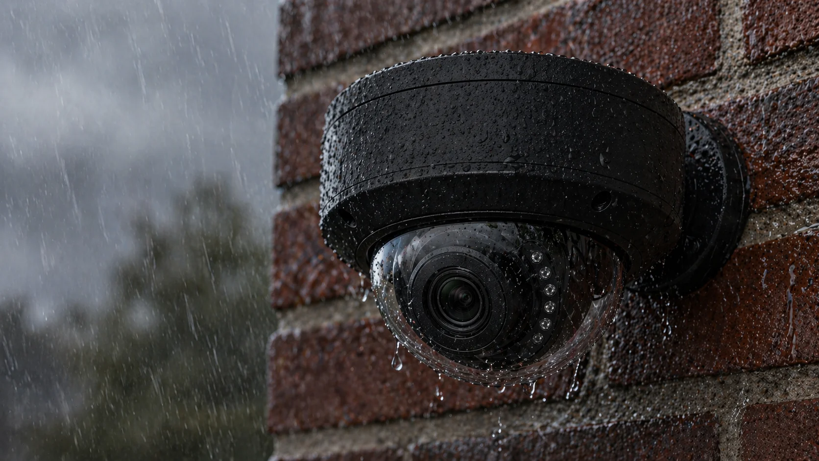 Zwarte dome-camera aan een bakstenen gevel in de stromende regen, met waterdruppels op de lens