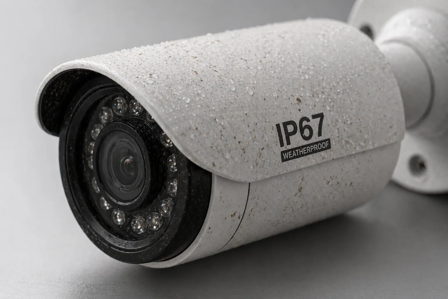 Bullet beveiligingscamera met zichtbaar IP67-certificeringslabel op de behuizing, druppels en stof zichtbaar
