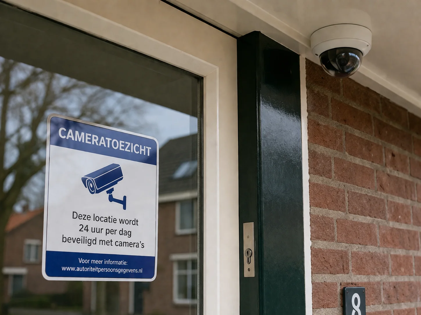 Witte CAMERATOEZICHT-sticker geplaatst op een glasdeur direct onder een dome-camera