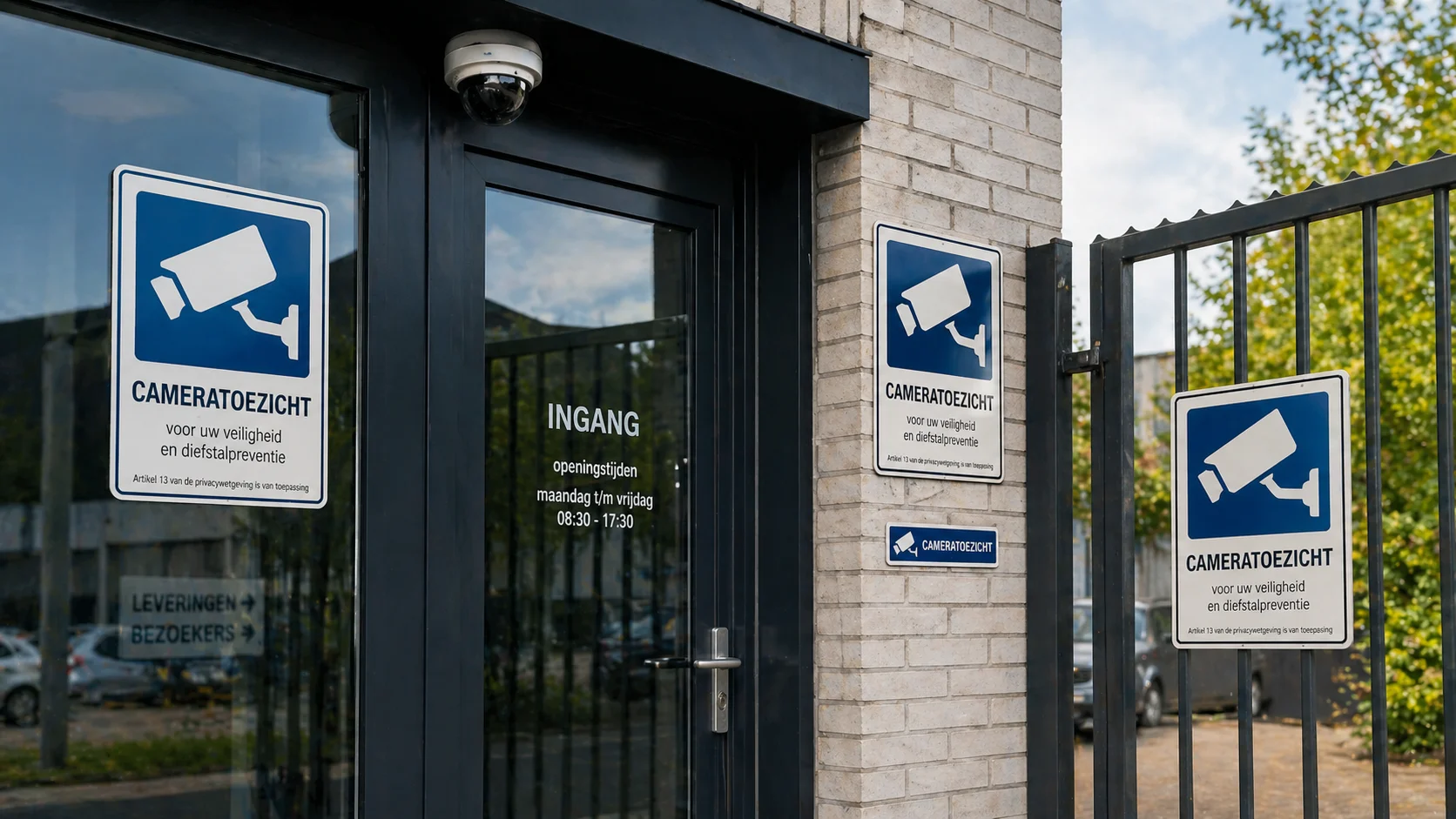 Verschillende formaten Cameratoezicht-stickers en borden bij de entree van een Nederlandse onderneming