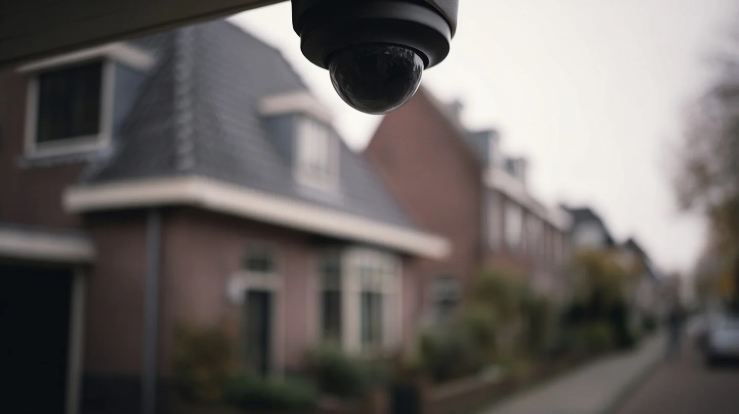 Zwarte dome-camera onder de dakrand van een woning, gericht op de oprit en een deel van de stoep