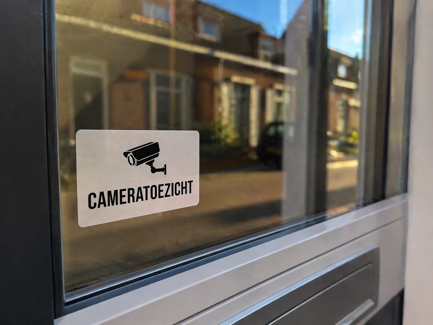 Witte sticker met de tekst Cameratoezicht op het raam naast een voordeur