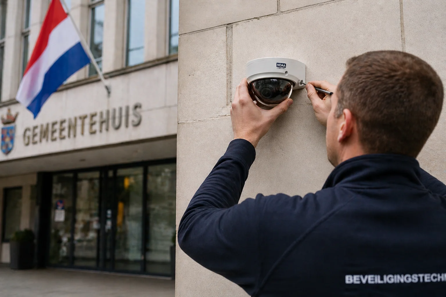 Beveiligingscamera wordt geïnstalleerd op de gevel van een Nederlands gemeentehuis met de Nederlandse vlag op de achtergrond