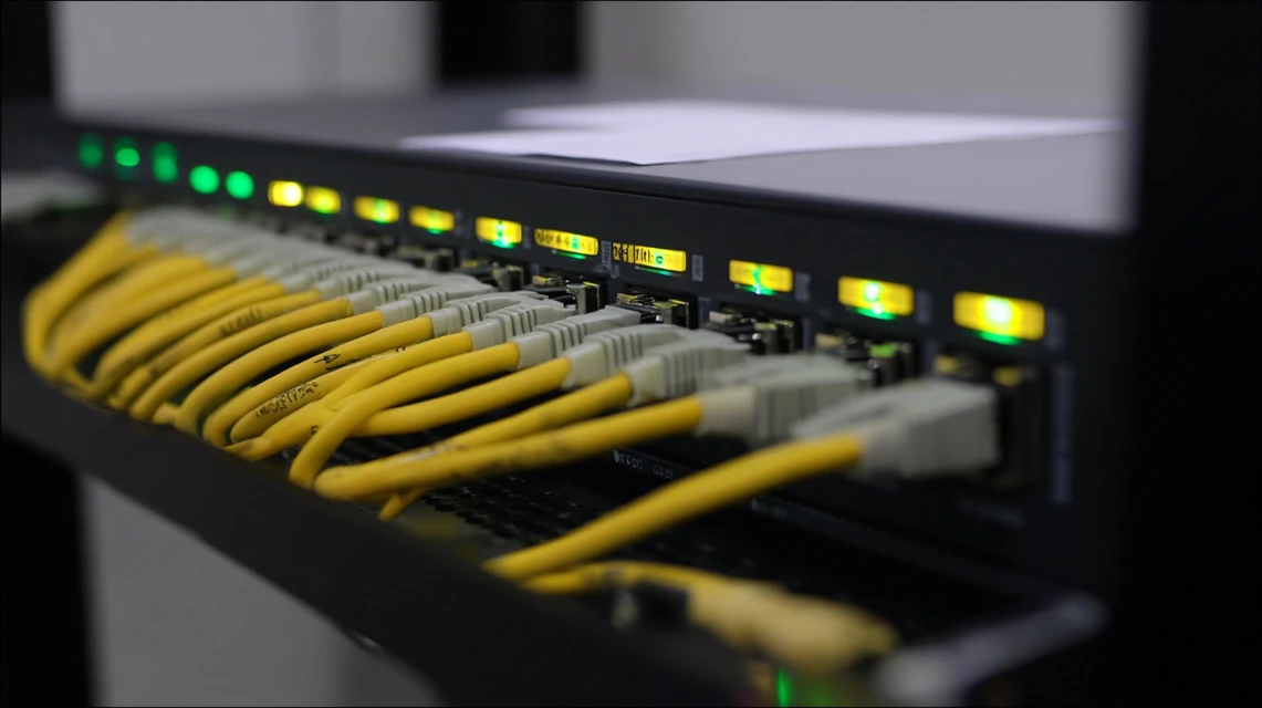 16-kanaals netwerkvideorecorder in een serverrack met ethernetkabels en brandende LEDs