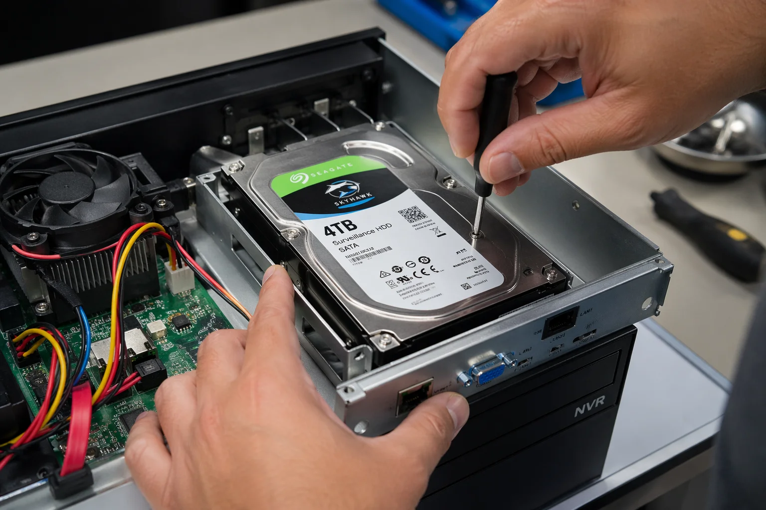 Installatie van een 4TB Seagate harde schijf in een NVR met een schroevendraaier