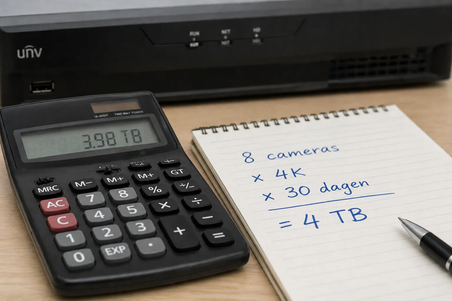 Calculator op een bureau naast een notepad met handgeschreven berekening: '8 cameras × 4K × 30 dagen = 4 TB', wazige NVR op de achtergrond