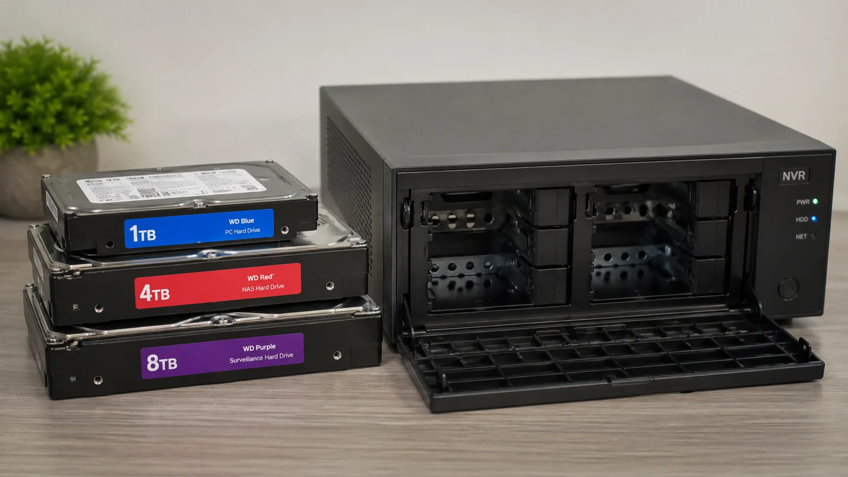 Drie verschillende harde schijven (1TB, 4TB en 8TB) gestapeld op een bureau naast een NVR met geopende bay