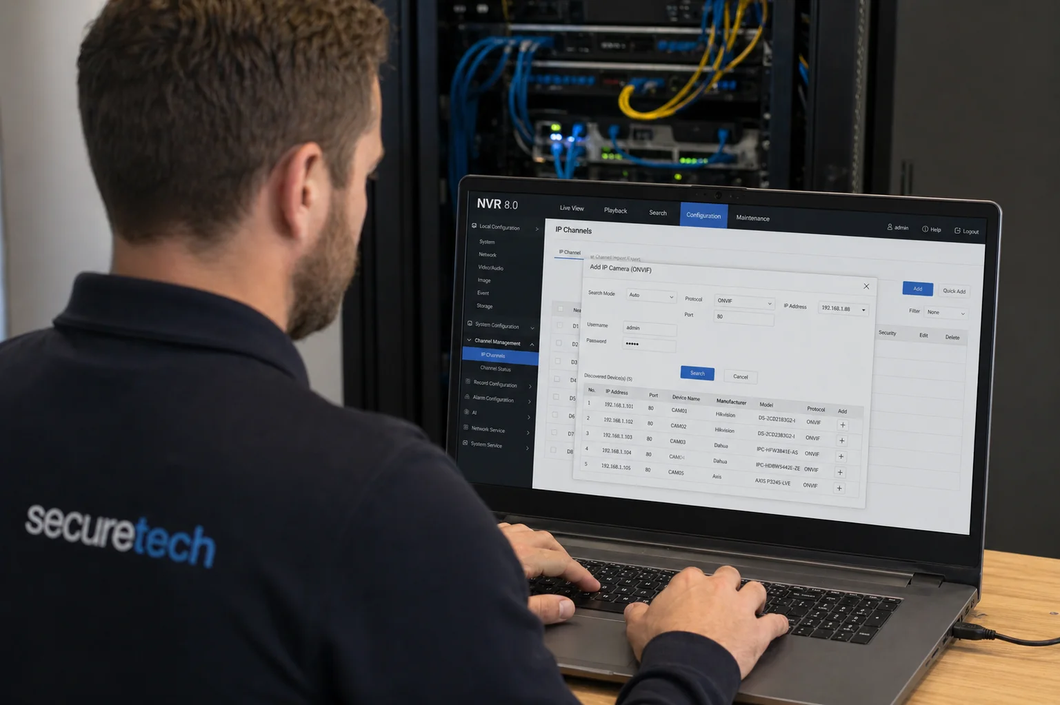 Securetech-monteur typt IP-camera credentials in de NVR ONVIF-dialog, serverkast op de achtergrond