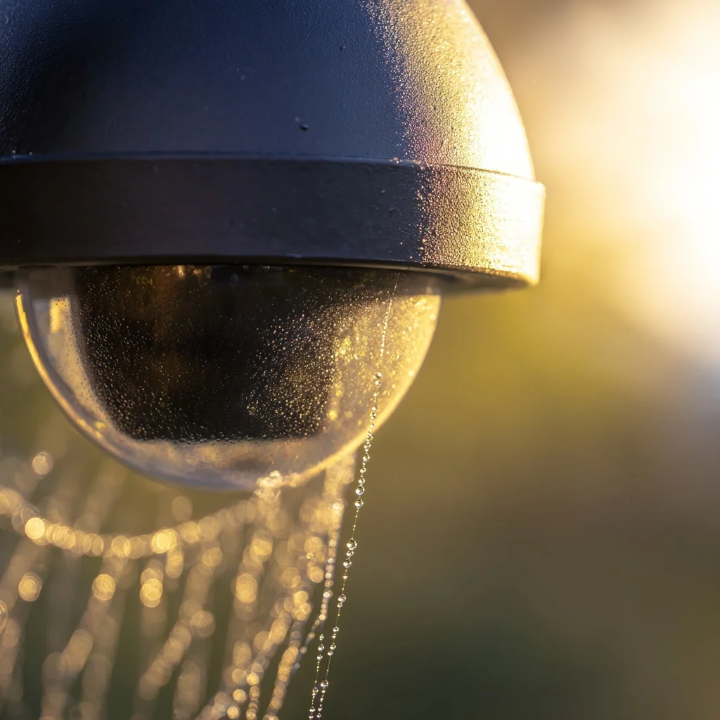 Macro-opname van een dome-beveiligingscamera met een spinnenweb en dauwdruppels voor de lens in tegenlicht