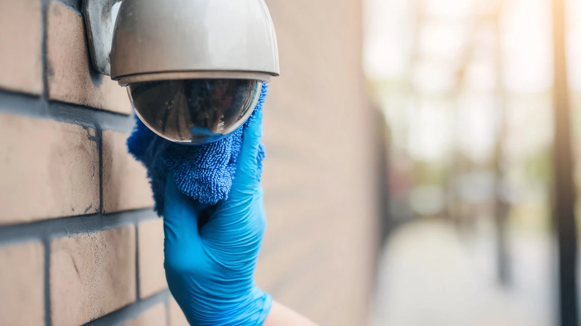Hand met een blauwe microvezeldoek reinigt een dome-camera aan een bakstenen gevel